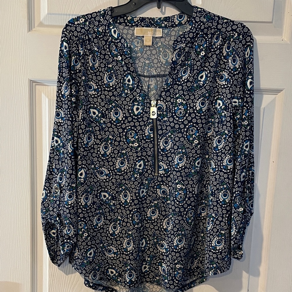 Michael Kors Size Medium Navy and White Floral Blouse